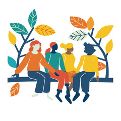 Three diverse women sitting together, foliage backdrop. Casual attire, friendship concept, stylized graphic. Multicultural group, relaxation, unity nature scene