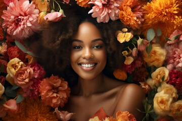 Lovely gorgeous woman completely surrounded by spring flowers AI generative image