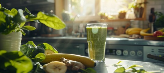 Wall Mural - Healthy Green Smoothie in Kitchen with Fresh Spinach, Banana, Ginger, and Natural Light