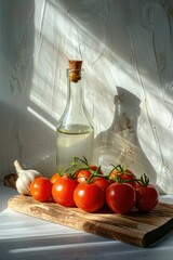 Fresh bunch of tomato on bright rustic wooden counter top background.