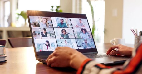 Aufkleber - Business person, laptop and screen with video call for virtual meeting, online collaboration or interaction at home. Hands of employee in remote work for team webinar or group discussion on computer