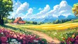 © sarun - Idyllic rural landscape with a quaint farmhouse, blooming fields, and distant mountains under a bright blue sky.