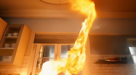 Canvas Print - Kitchen fire with intense flames spreading from the stove area, causing chaos and smoke in a modern kitchen setup with various appliances and utensils.