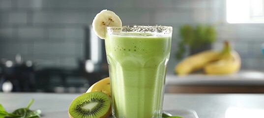 Wall Mural - Refreshing Green Smoothie with Spinach, Banana, and Almond Milk in Modern Kitchen Setting