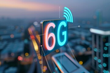 Poster - A futuristic cityscape with digital connections, symbolizing advanced mobile network technology.