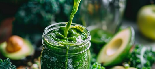 Wall Mural - Refreshing Green Smoothie Being Poured into Mason Jar with Fresh Kale, Avocado, and Apple Ingredients