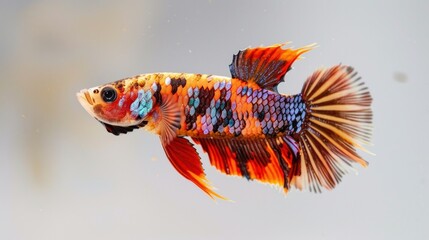 A betta fish with a unique color pattern, such as a galaxy betta or a koi betta, its beauty accentuated against a clean white background.