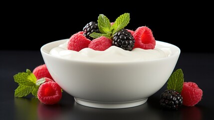 Wall Mural - A bowl of Greek yogurt topped with fresh berries and mint leaves