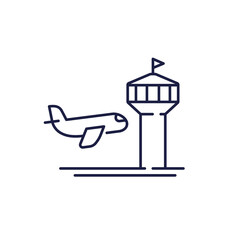 Sticker - airport line icon with a plane and air control tower