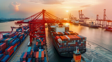 Logistics, container Cargo ship transportation with working crane bridge in deep sea port for import export..