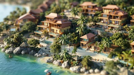 Wall Mural - Generate a photo realistic image of a maquette representing a tourist resort with beachfront villas, recreational facilities, and scenic landscapes; ensure the image is of high resolution for clear 