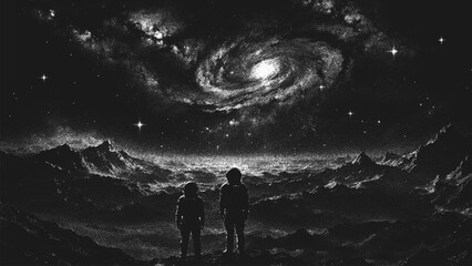 Leinwandbilder - Two astronauts on the edge of a cliff admire the breathtaking space landscape. Deep space science fiction background in stippling style. Dotwork. Pointillism. Shading using dots. Vector illustration