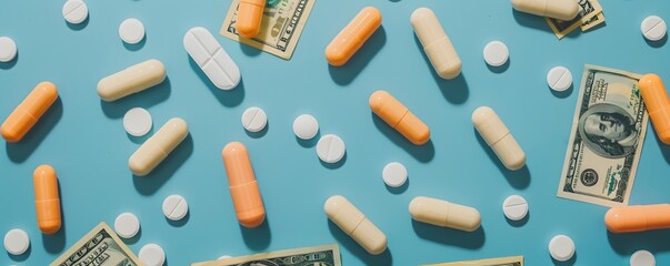 medicine and money on blue background
