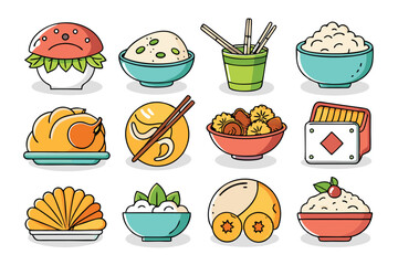 Cartoon Illustration of Various Asian Foods