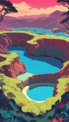 Wall Mural - kelimutu indonesia natural wonders around the world retro neon