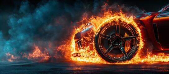 Wall Mural - A burning car wheel on fire with smoke against black background. Space for text, banner design