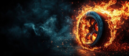 Wall Mural - A burning car tire on fire with smoke and sparks against black background