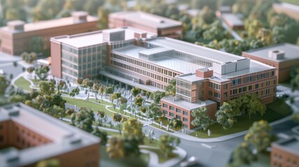 Wall Mural - Generate a photo realistic image of a maquette depicting a healthcare campus with hospitals, medical research facilities, and patient care centers; ensure the image is of high resolution