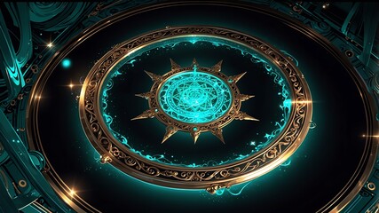 Wall Mural - teal magic circle in black background anime cartoon illustration design