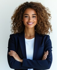 Wall Mural - portrait of a beautiful smiling business woman with curly hair wearing a navy blue suit