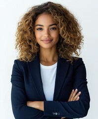 Wall Mural - portrait of a beautiful smiling business woman with curly hair wearing a navy blue suit, white t-shirt