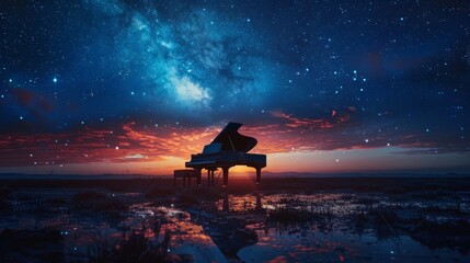 Sticker - piano in the center, with a starry sky above