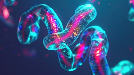 Aufkleber - A futuristic interpretation of chromosomes, rendered in neon hues and metallic textures, representing the boundless potential of genetic research.