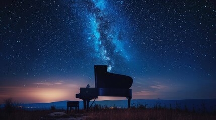 Sticker - piano in the center, with a starry sky above