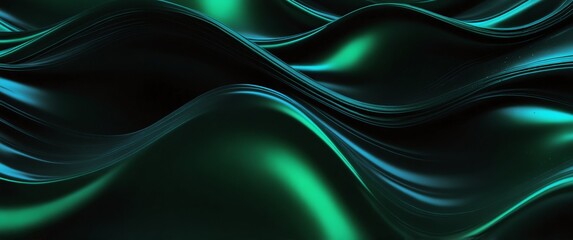 Wall Mural - green abstract metallic liquid waves plain black background wide angle panoramic view backdrop copy space