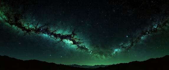 Wall Mural - green formation of celestial space galaxy plain black background wide angle panoramic view backdrop copy space