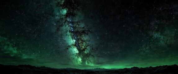 Wall Mural - green formation of celestial space galaxy plain black background wide angle panoramic view backdrop copy space