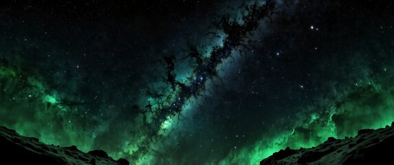 Wall Mural - green formation of celestial space galaxy plain black background wide angle panoramic view backdrop copy space