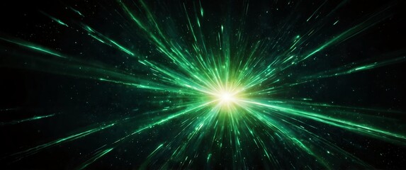 Wall Mural - green lights explosion in space galaxy plain black background wide angle panoramic view backdrop cop