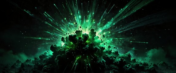 Wall Mural - green lights explosion in space galaxy plain black background wide angle panoramic view backdrop cop