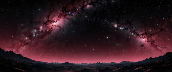 Wall Mural - pink formation of celestial space galaxy plain black background wide angle panoramic view backdrop copy space