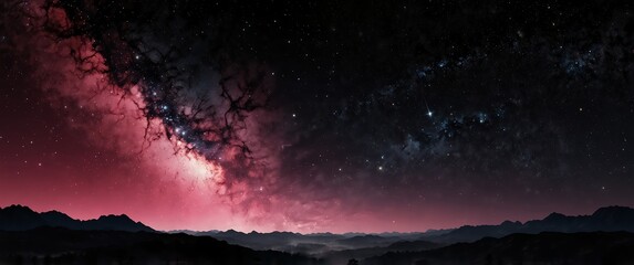 Wall Mural - pink formation of celestial space galaxy plain black background wide angle panoramic view backdrop copy space