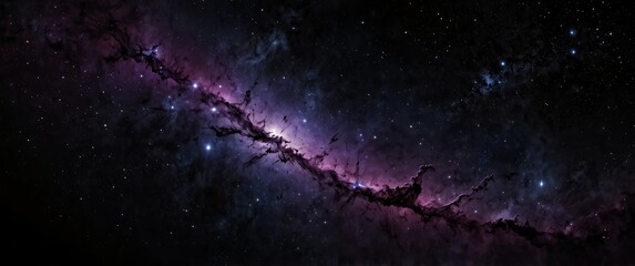Wall Mural - purple formation of celestial space galaxy plain black background wide angle panoramic view backdrop copy space