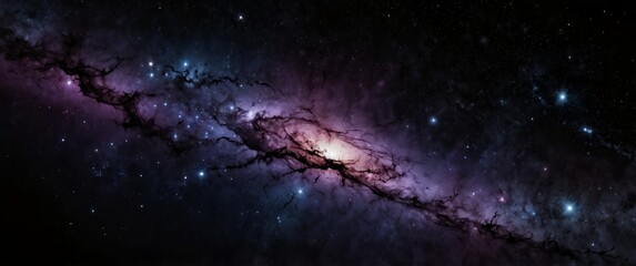 Wall Mural - purple formation of celestial space galaxy plain black background wide angle panoramic view backdrop copy space