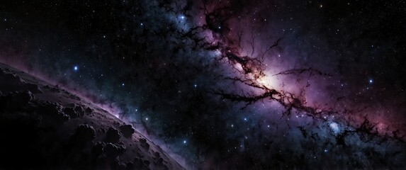 Wall Mural - purple formation of celestial space galaxy plain black background wide angle panoramic view backdrop copy space
