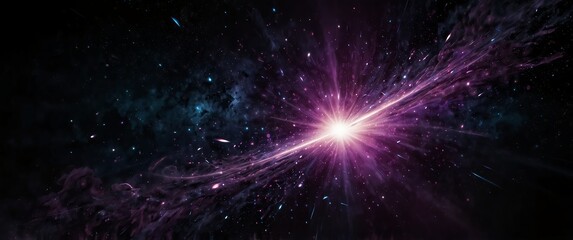 Wall Mural - purple lights explosion in space galaxy plain black background wide angle panoramic view backdrop copy space