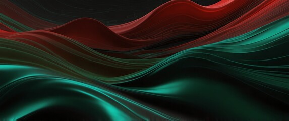 Wall Mural - red green abstract metallic liquid waves plain black background wide angle panoramic view backdrop copy space