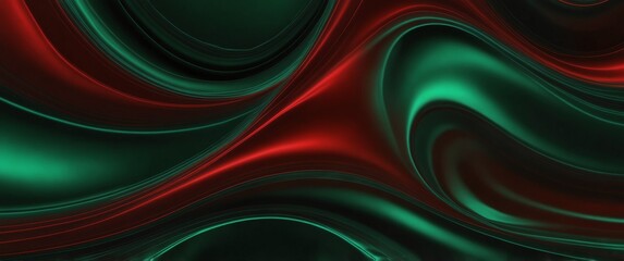 Wall Mural - red green abstract metallic liquid waves plain black background wide angle panoramic view backdrop copy space