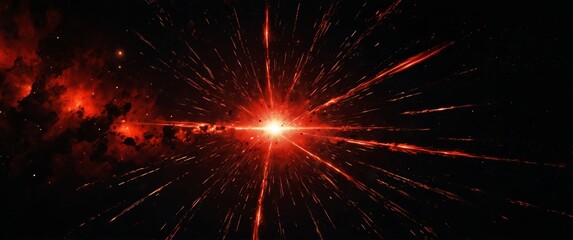 Wall Mural - red lights explosion in space galaxy plain black background wide angle panoramic view backdrop copy space