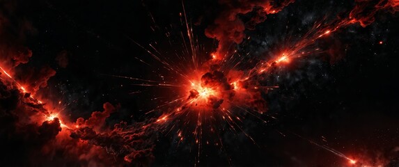 Wall Mural - red lights explosion in space galaxy plain black background wide angle panoramic view backdrop copy space