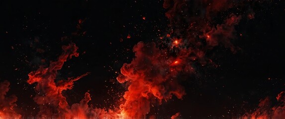 Wall Mural - red lights explosion in space galaxy plain black background wide angle panoramic view backdrop copy space