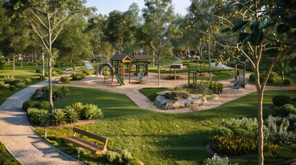 Wall Mural - Generate a photo realistic image of a maquette showcasing a community park with green spaces, playgrounds, and recreational facilities; ensure the image is of high resolution for clear 