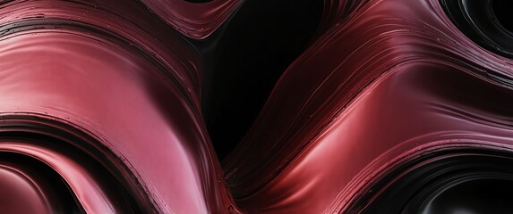 Wall Mural - red pink abstract metallic liquid waves plain black background wide angle panoramic view backdrop copy space