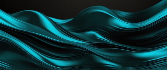Wall Mural - teal abstract metallic liquid waves plain black background wide angle panoramic view backdrop copy space