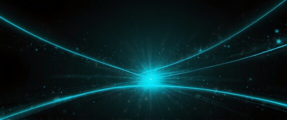 Wall Mural - teal abstract lights in space plain black background wide angle panoramic view backdrop copy space