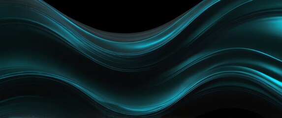 Wall Mural - teal abstract metallic liquid waves plain black background wide angle panoramic view backdrop copy space